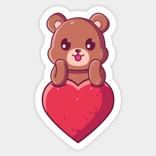 Cute Brown Bear with big love. Gift for valentine's day with cute animal character illustration. Sticker